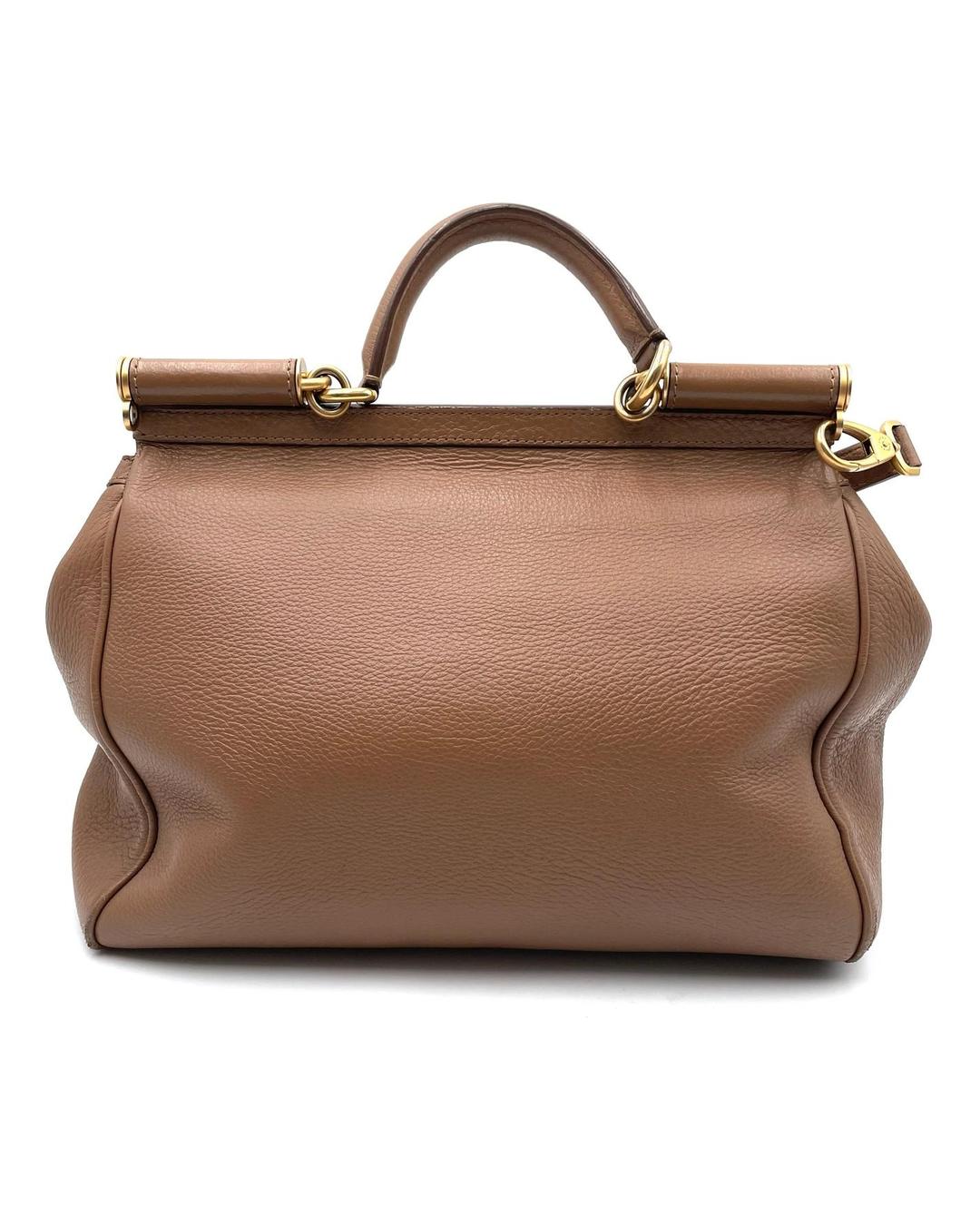 Large Dolce & Gabbana Miss Sicily top handle bag in caramel calfskin leather with gold-tone hardware and structured silhouette.