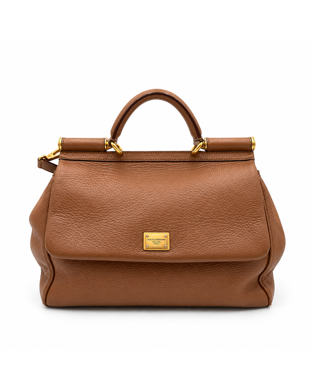 Large Dolce & Gabbana Miss Sicily top handle bag in caramel calfskin leather with gold-tone hardware and logo plaque.