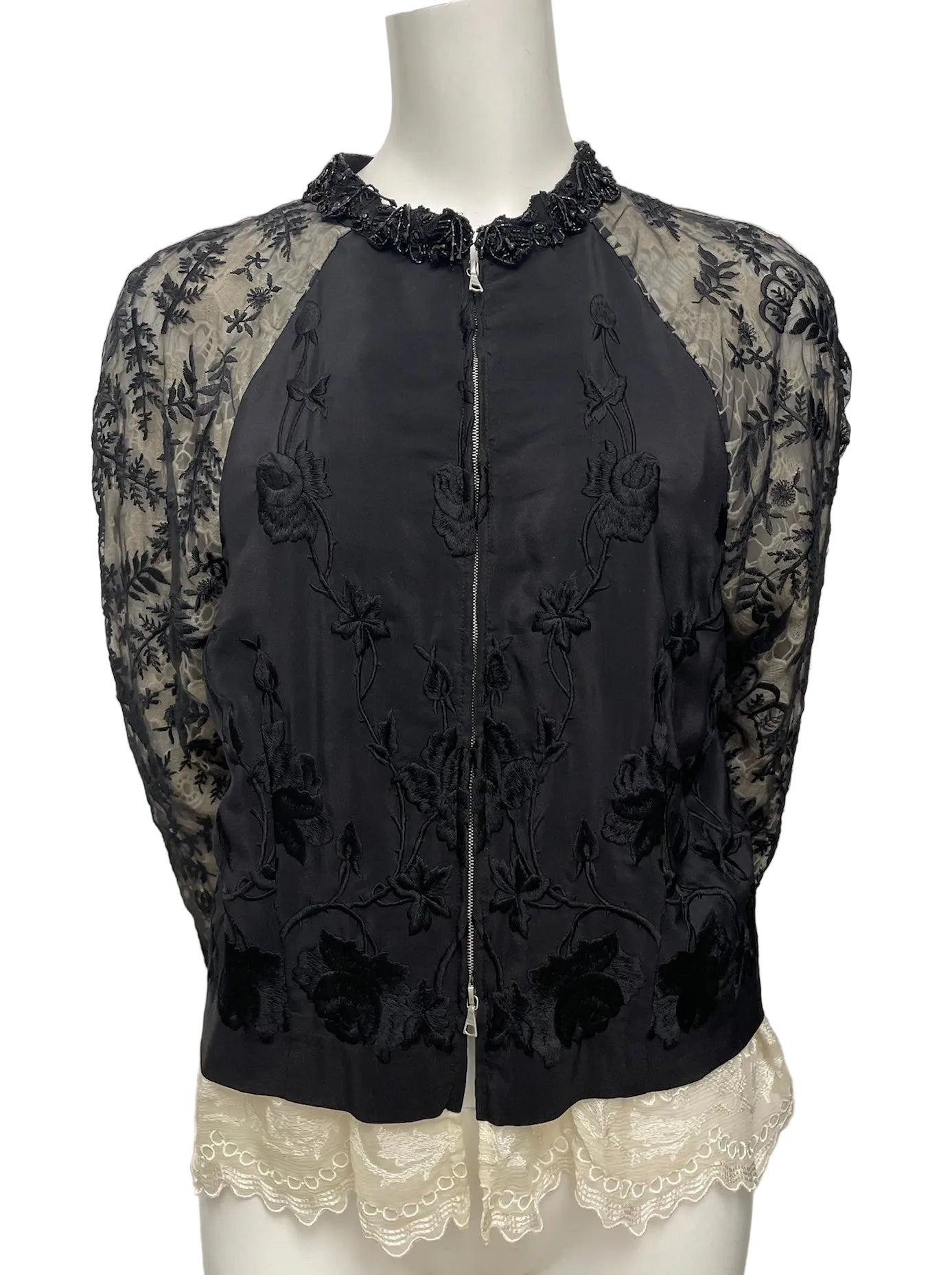 Dries Van Noten Black Lace Sheer Beaded Bomber Jacket Size 44