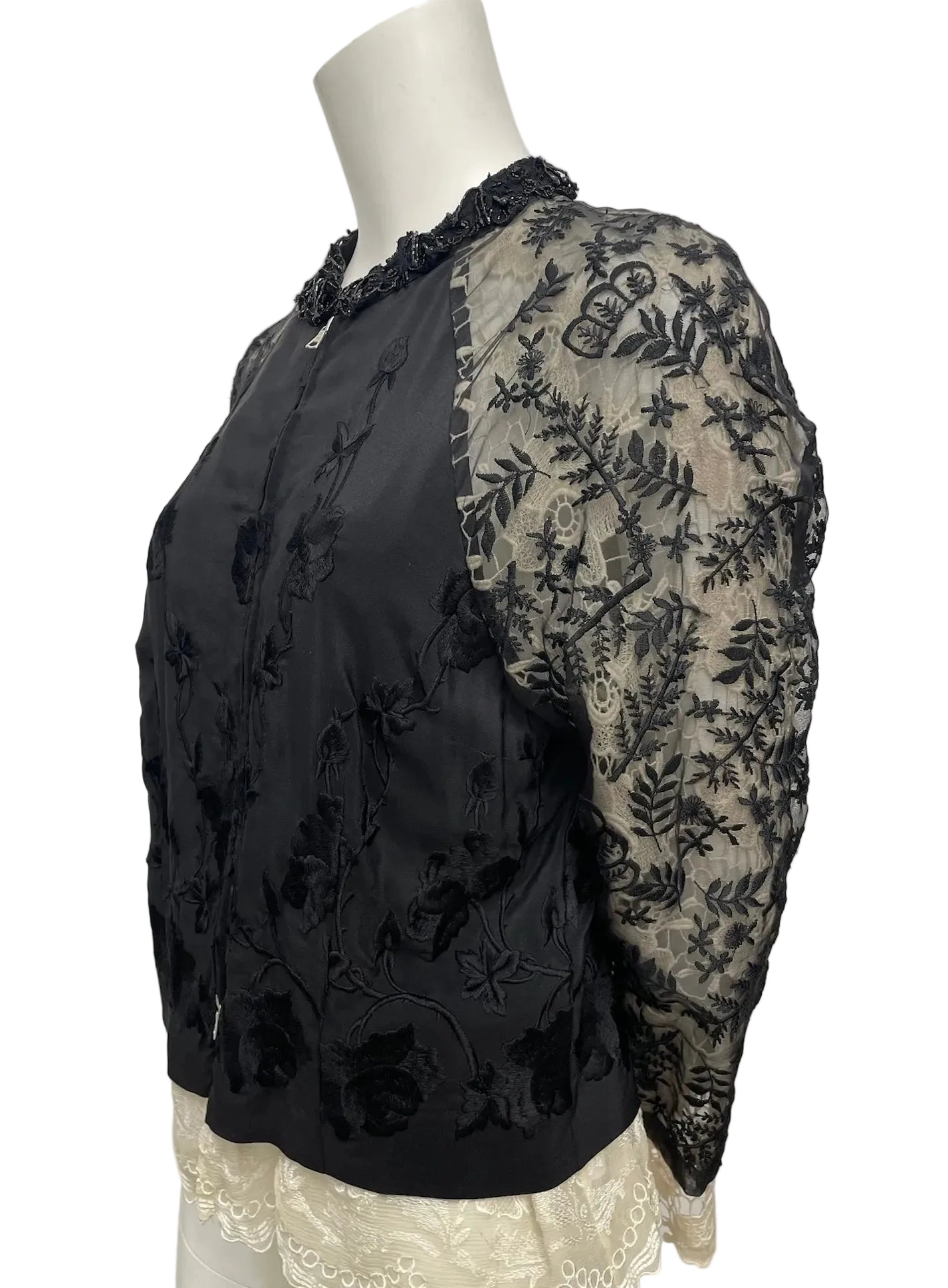 Dries Van Noten Black Lace Sheer Beaded Bomber Jacket Size 44
