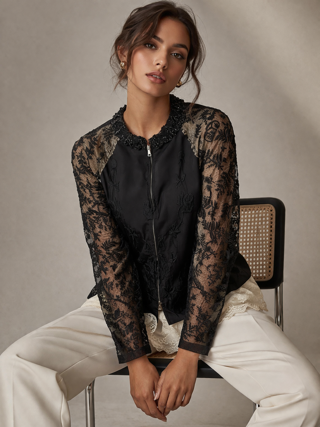 Dries Van Noten Black Lace Sheer Beaded Bomber Jacket Size 44