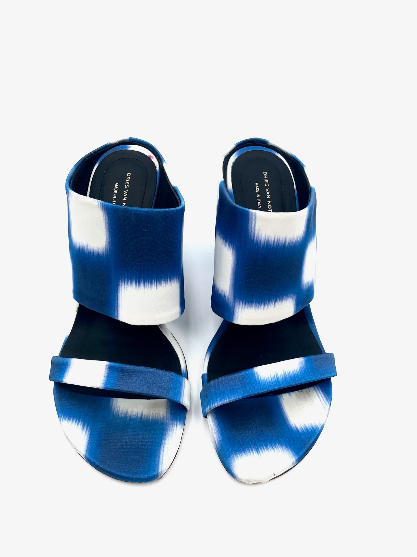 Dries Van Noten Blue & White Satin Print Mule Sandals Size 38