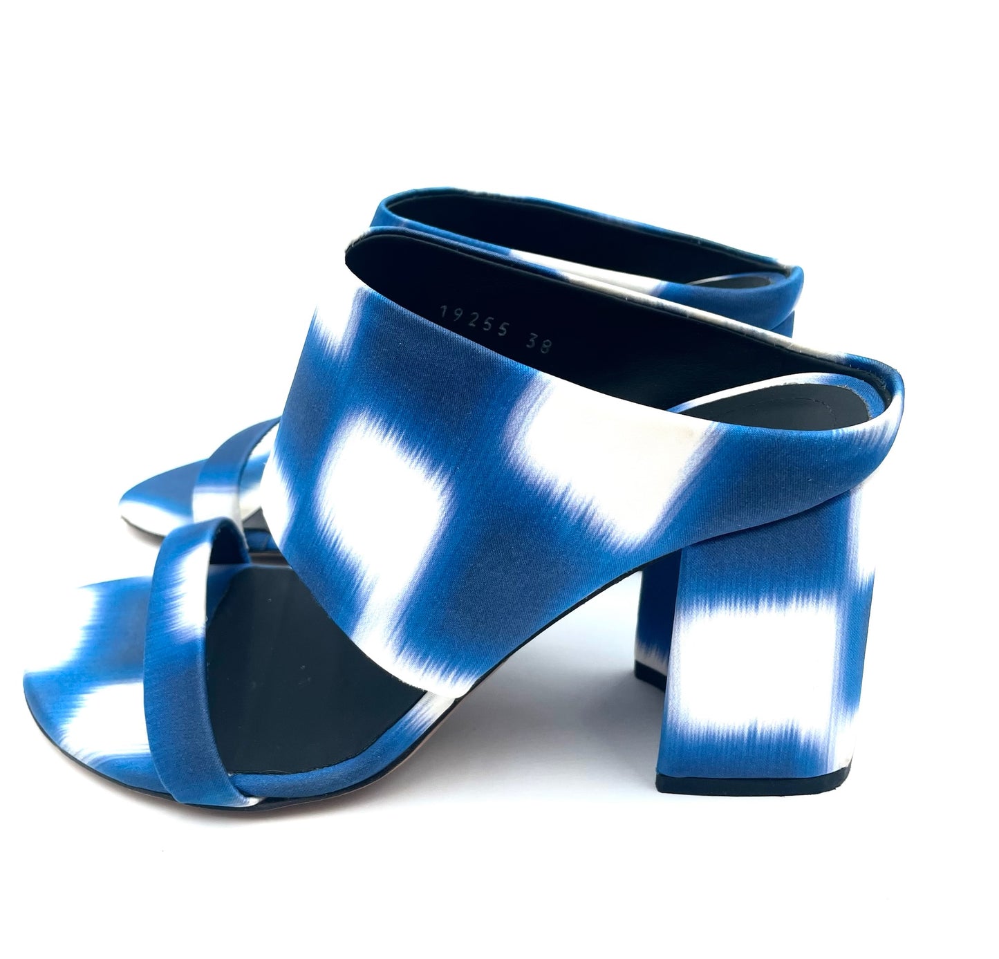 Dries Van Noten Blue & White Satin Print Mule Sandals Size 38