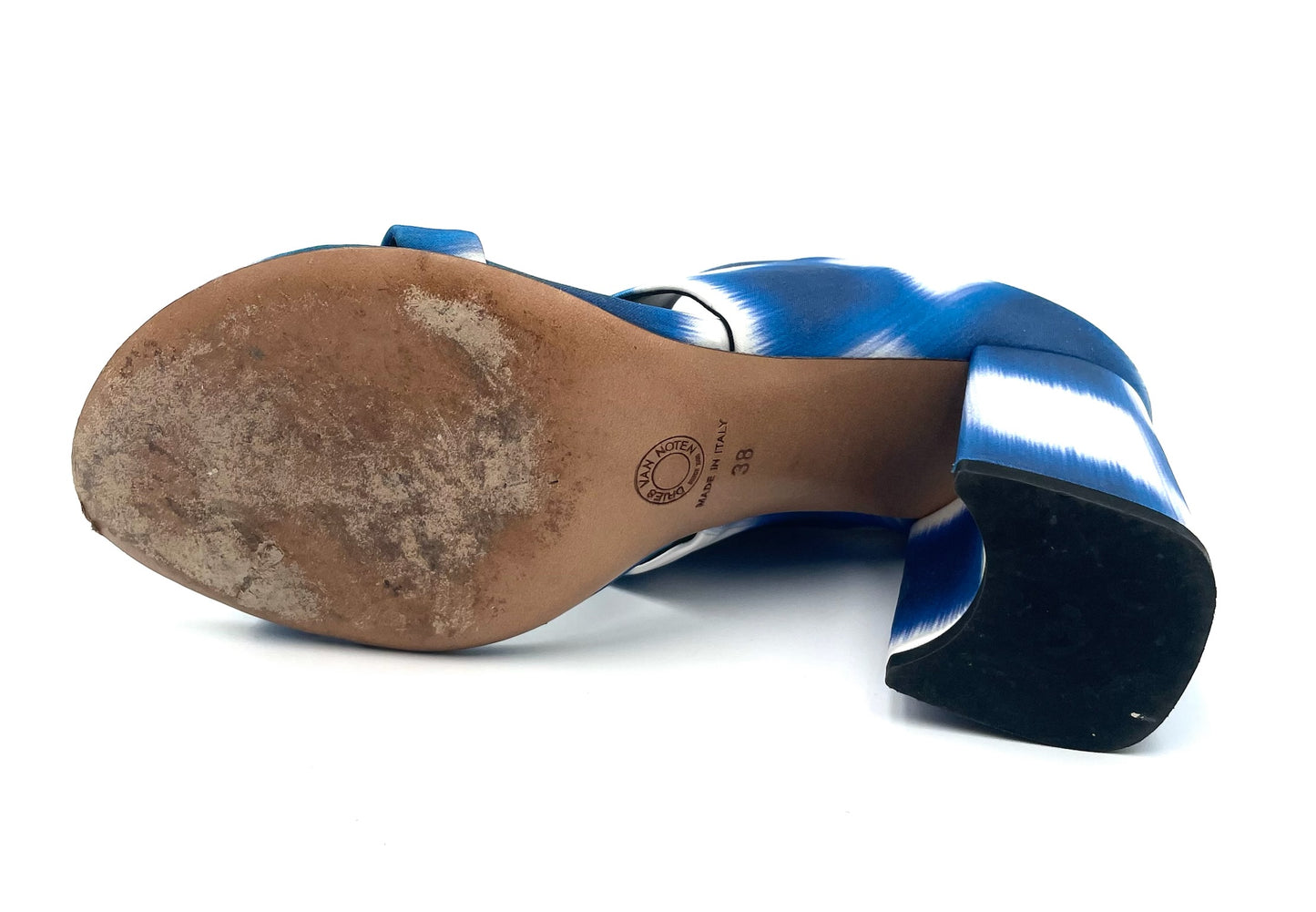 Dries Van Noten Blue & White Satin Print Mule Sandals Size 38