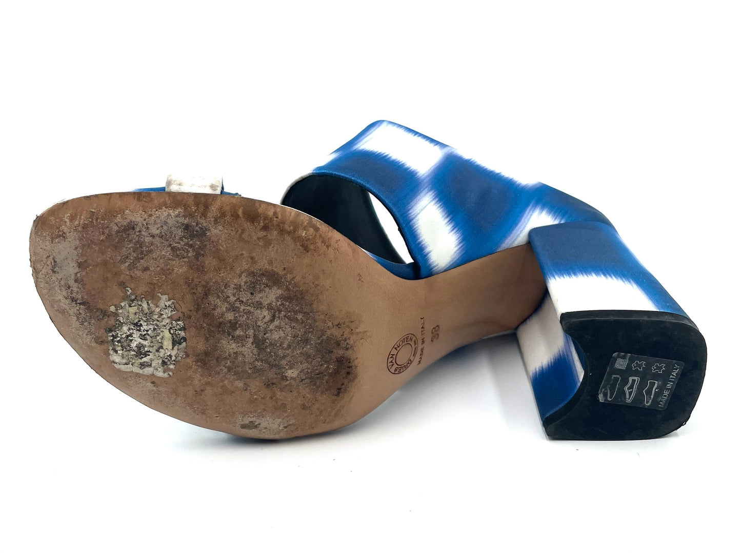 Dries Van Noten Blue & White Satin Print Mule Sandals Size 38