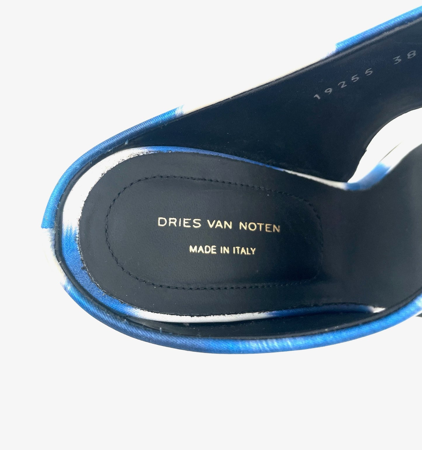 Dries Van Noten Blue & White Satin Print Mule Sandals Size 38