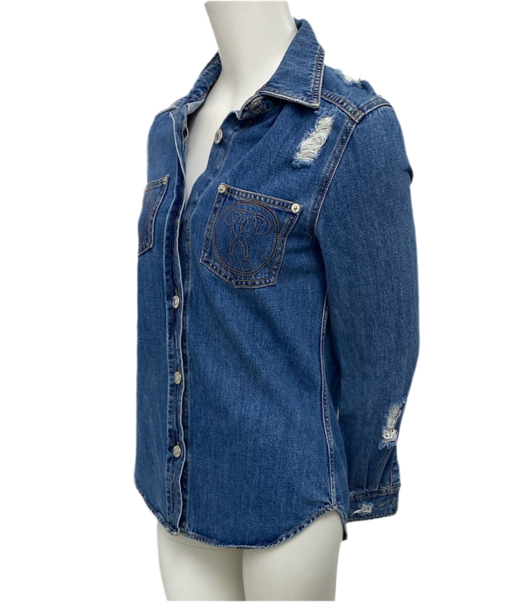 Moschino Couture Blue Distressed Denim Shirt Size 6