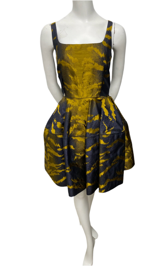 Lanvin Gold & Black A Line Jacquard Dress Size 38