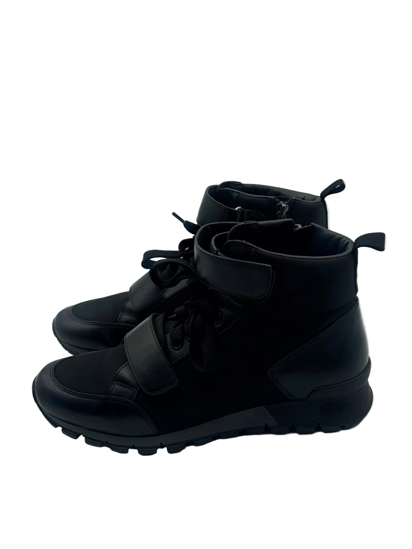 Prada Unisex Black Leather & Nylon Unisex Ankle Boots Size 6 M 8 Women