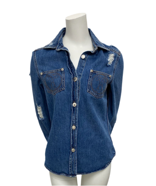 Moschino Couture Blue Distressed Denim Shirt Size 6