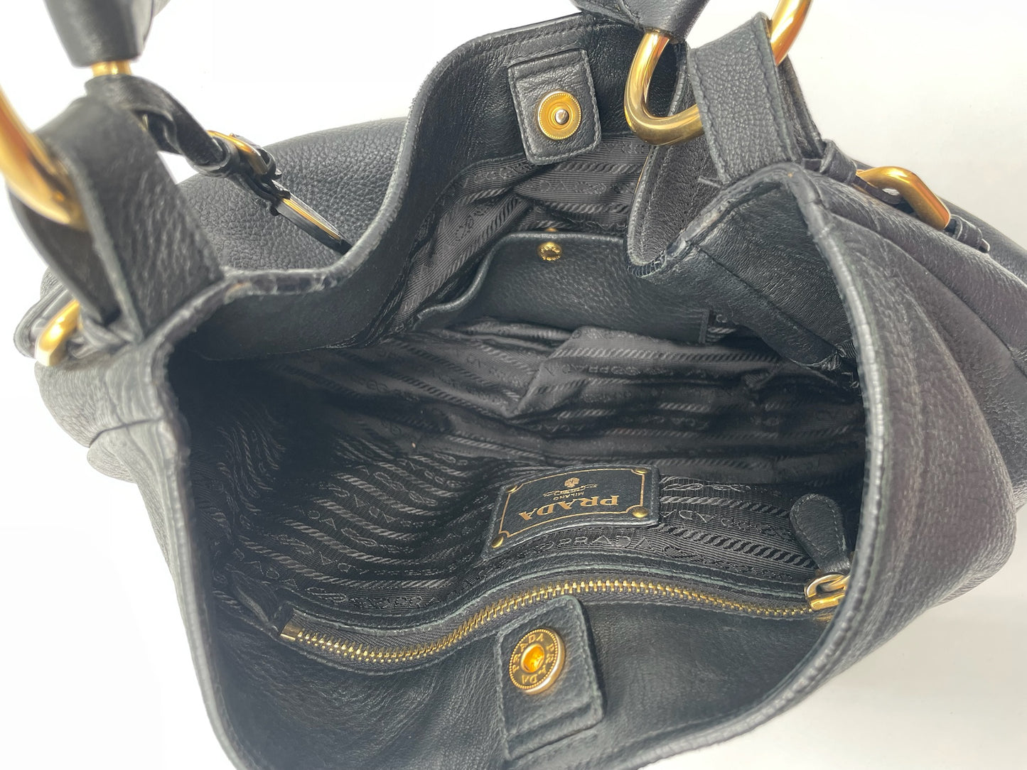 Prada Black Leather Vitello Daino Zip Hobo Bag