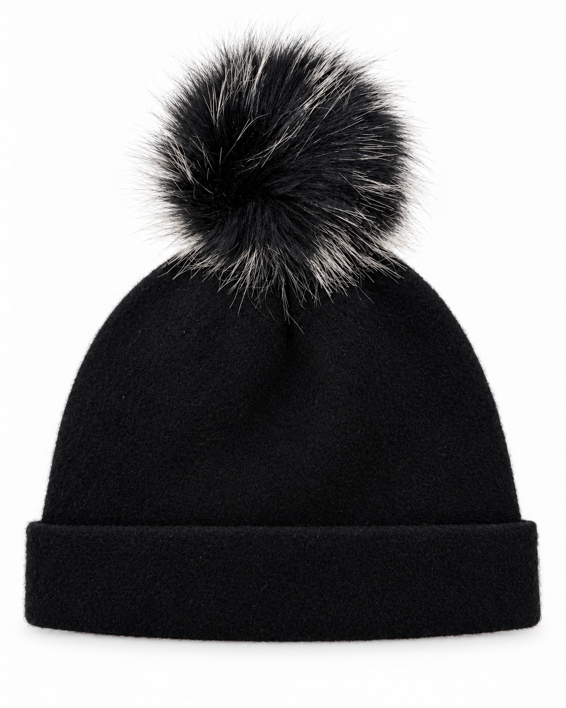 MarcCain Black Wool Beanie Hat With Faux Fur Pom Pom