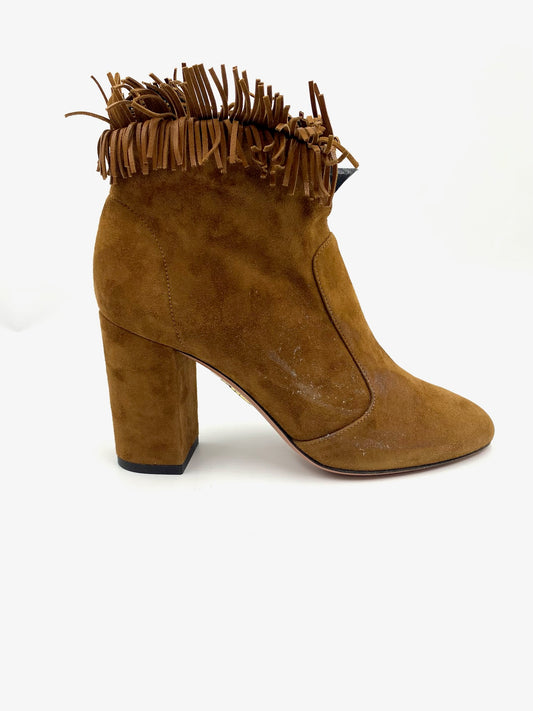 New Aquazzura Camel Fringe Ankle Booties Size 35