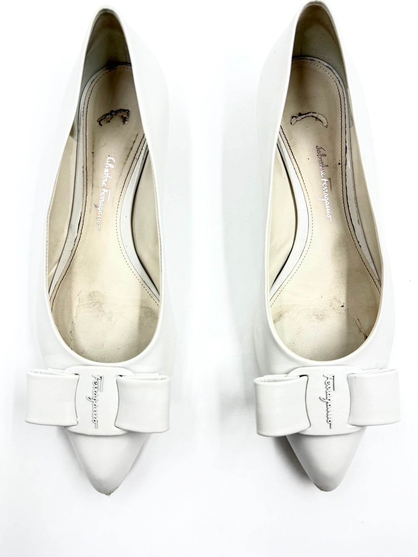 Salvatore Ferragamo White Viva Pointer Toe Ballerina Bow Flats Size 9.5