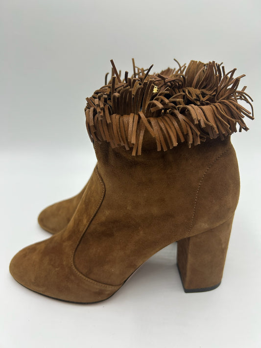 New Prada Camel Suede Leather Fringe Ankle Boots Size 35