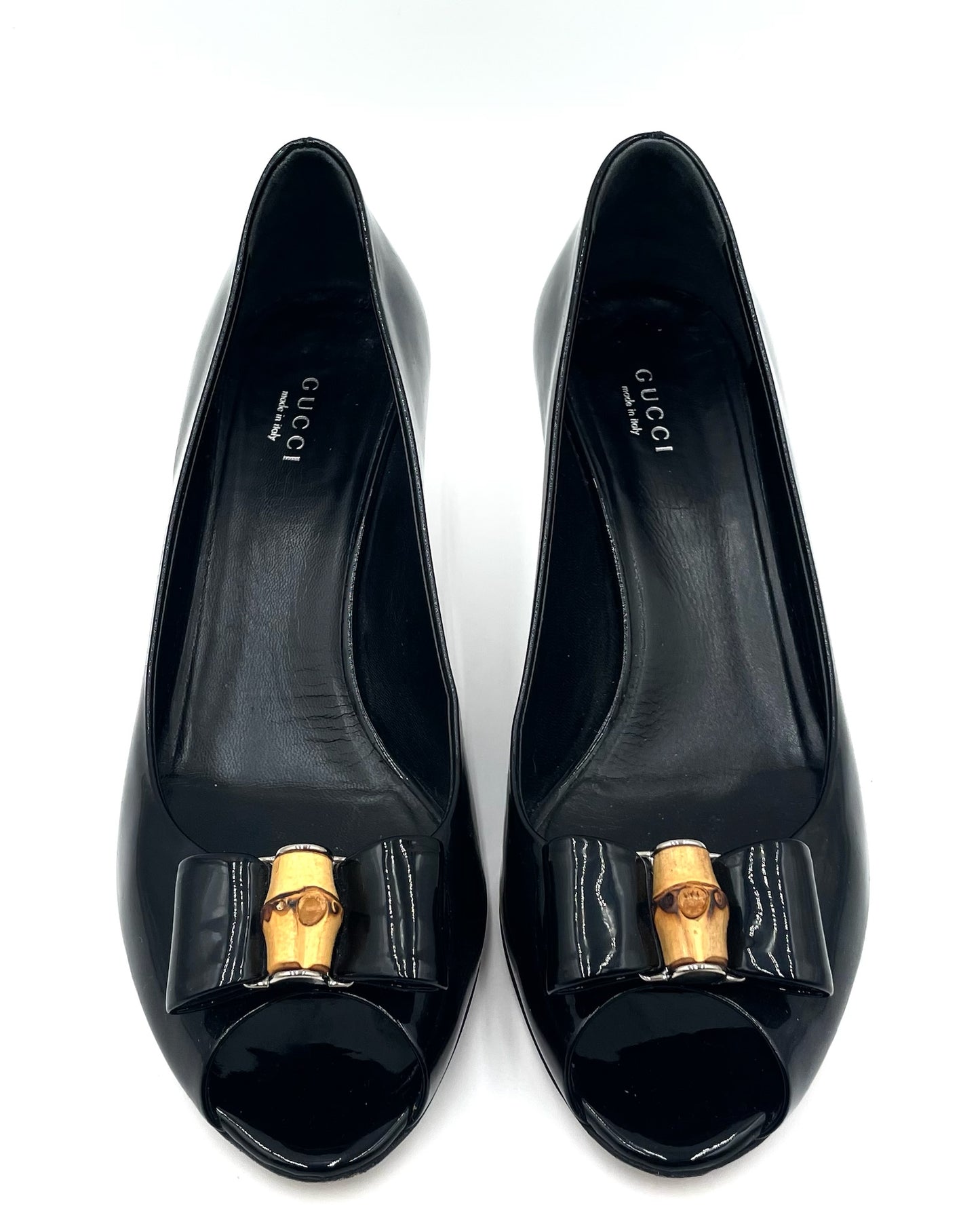Gucci Black Patent Open Toe Kitten Heel Pump Size 38