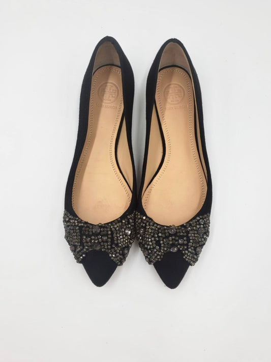 Tory Burch Vanessa Black Suede Beaded Bow Flats Size 6