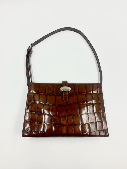 Furla Brown Leather Croc Embossed Shoulder Bag