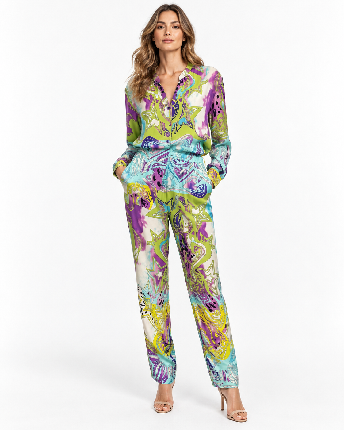 Emilio Pucci Teal Multicolor Silk Pant & Shirt Set Size 44 US 12