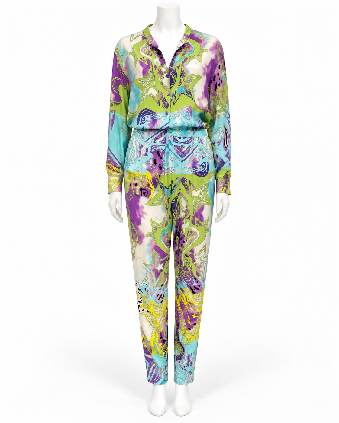 Emilio Pucci Teal Multicolor Silk Pant & Shirt Set Size 44 US 12