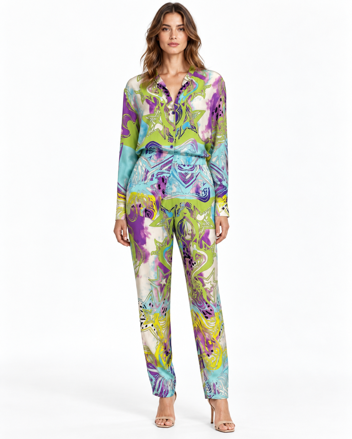 Emilio Pucci Teal Multicolor Silk Pant & Shirt Set Size 44 US 12