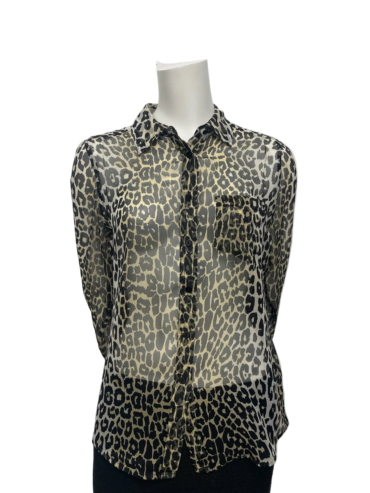 Equipment sheer silk leopard print blouse, size S, with long sleeves and front pocket.