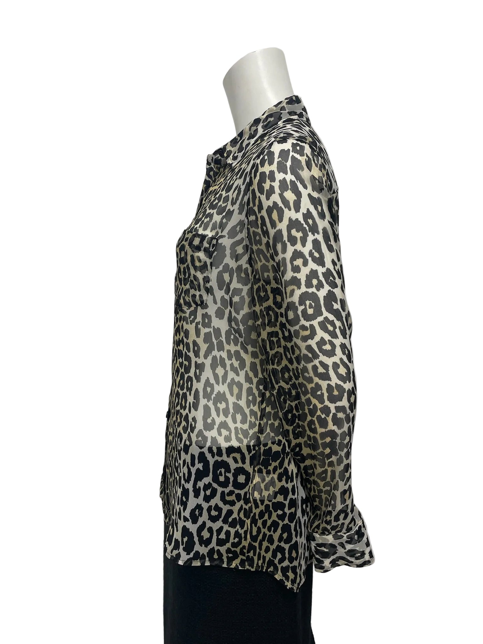 Equipment sheer silk leopard print blouse, long sleeve button-up, size S.