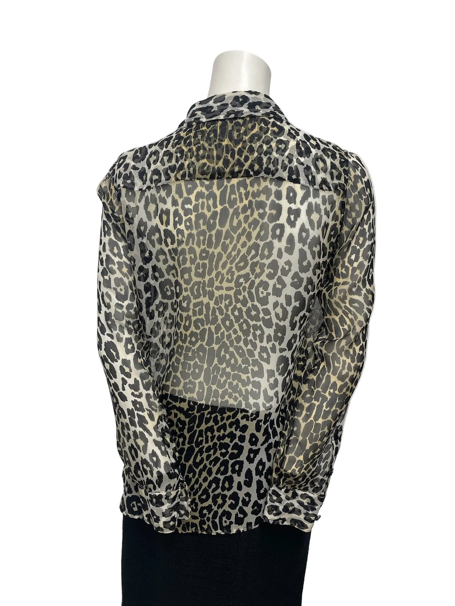 Equipment sheer silk leopard print blouse, long sleeve button-up, back view.