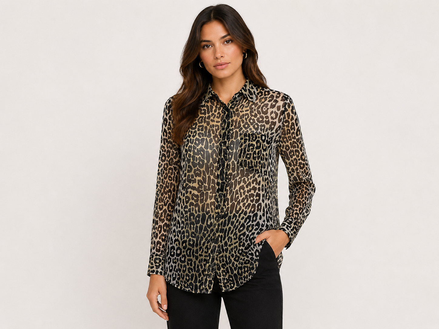 Equipment sheer silk leopard print blouse, long sleeve button-up with front pocket, size S.