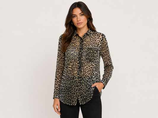 Equipment sheer silk leopard print blouse, long sleeve button-up with front pocket, size S.