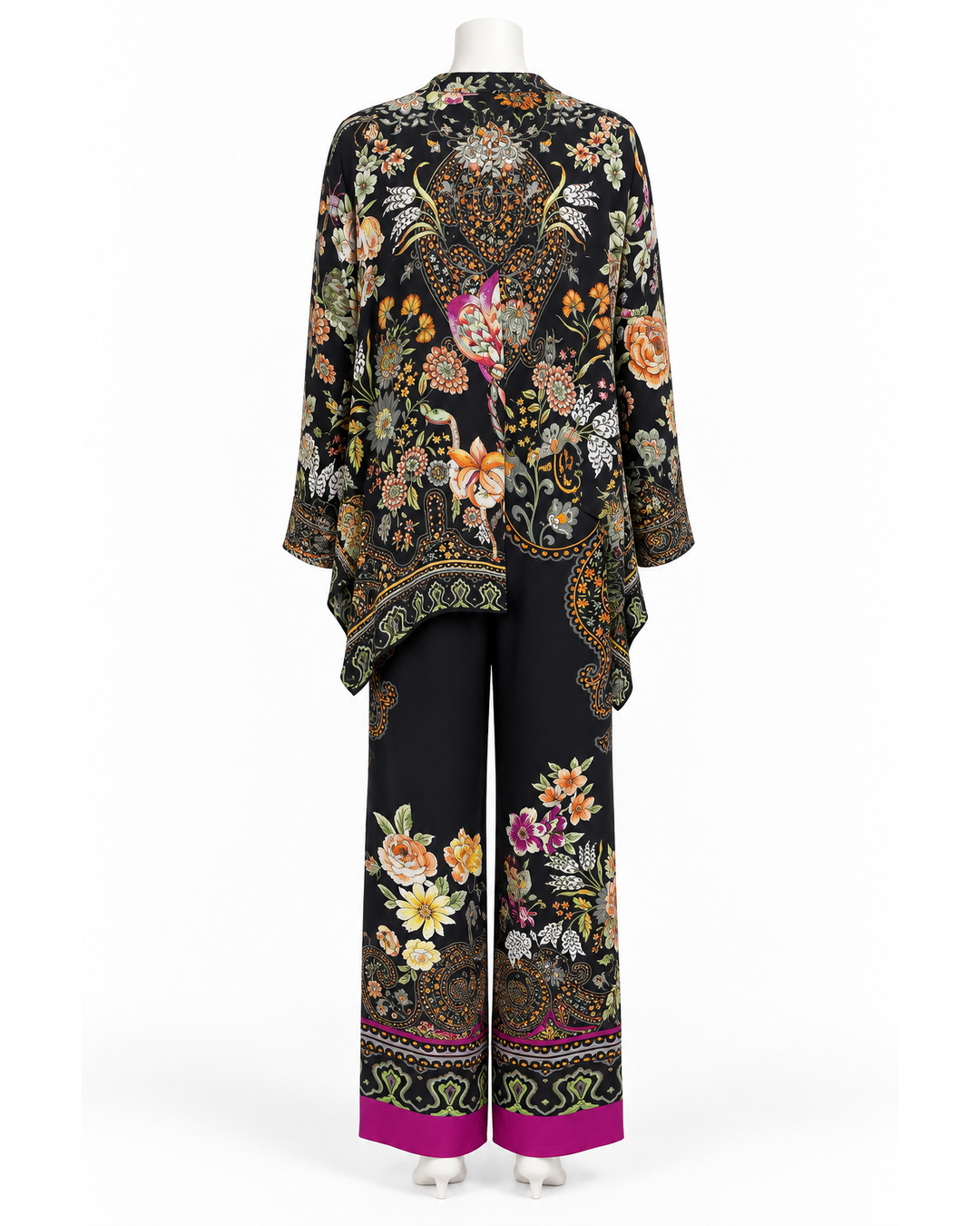 Etro multicolor floral silk pant set in size 48, featuring a long-sleeve blouse and wide-leg trousers on a mannequin.