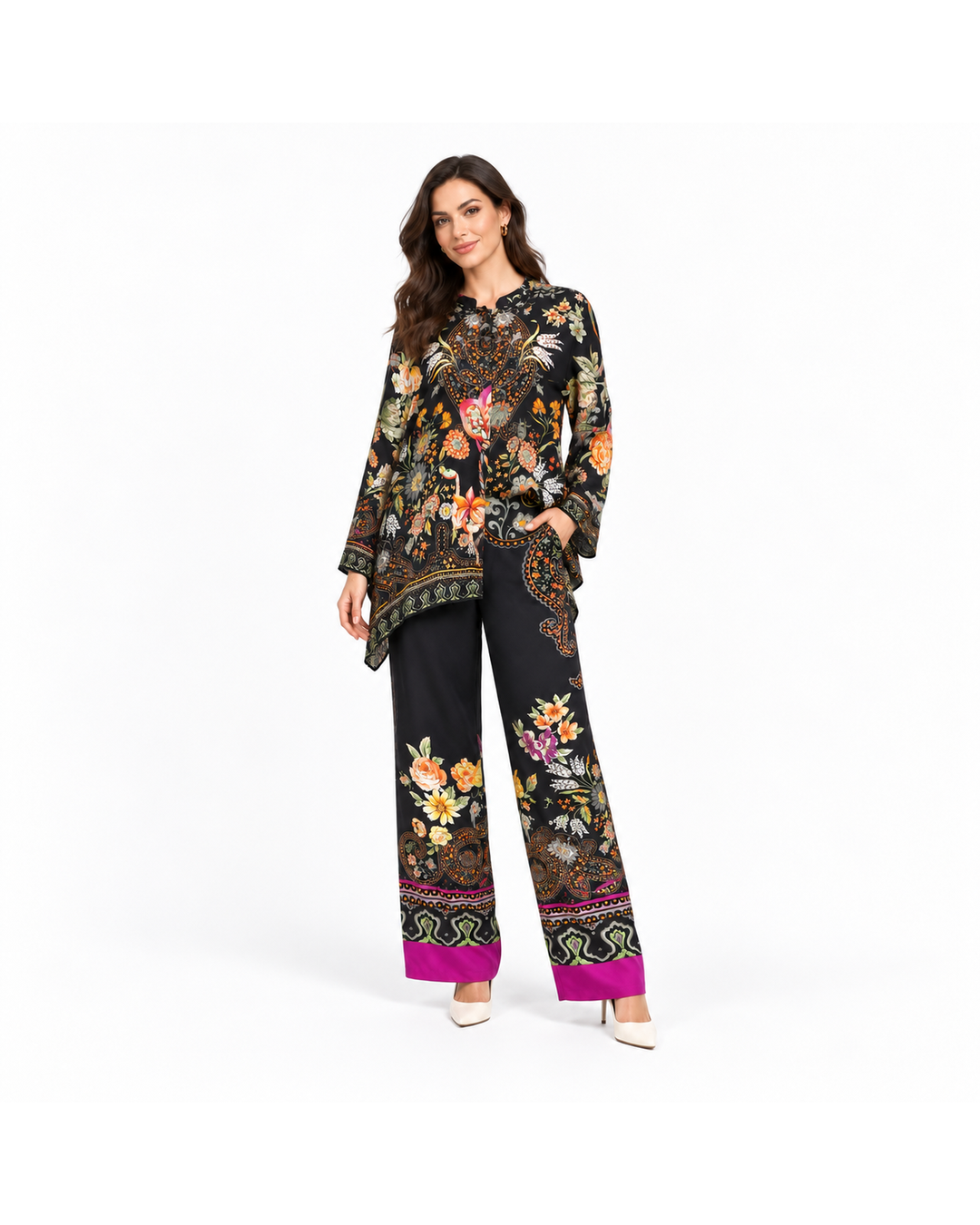 Etro multicolor floral silk pant set featuring a long-sleeve button-up blouse and wide-leg trousers in size L.