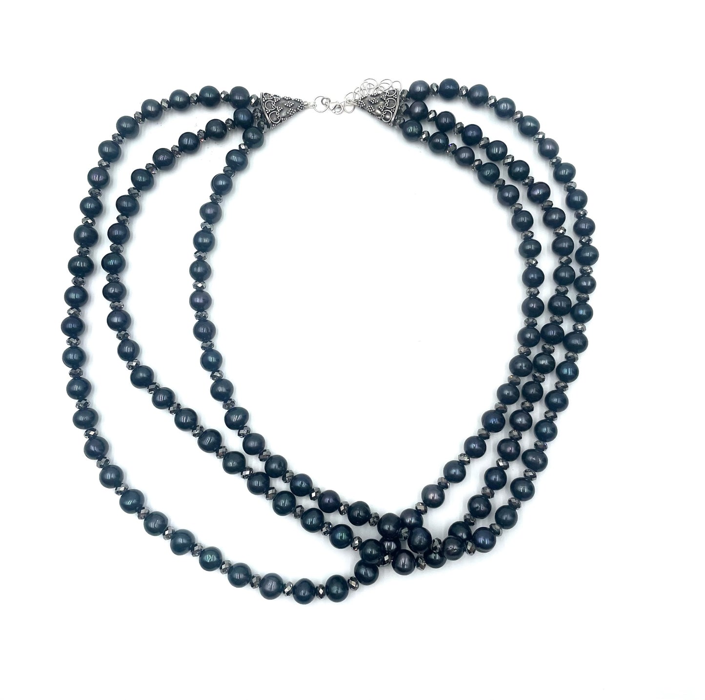 Black Pearl & Swarovski Crystal Triple Strand Necklace