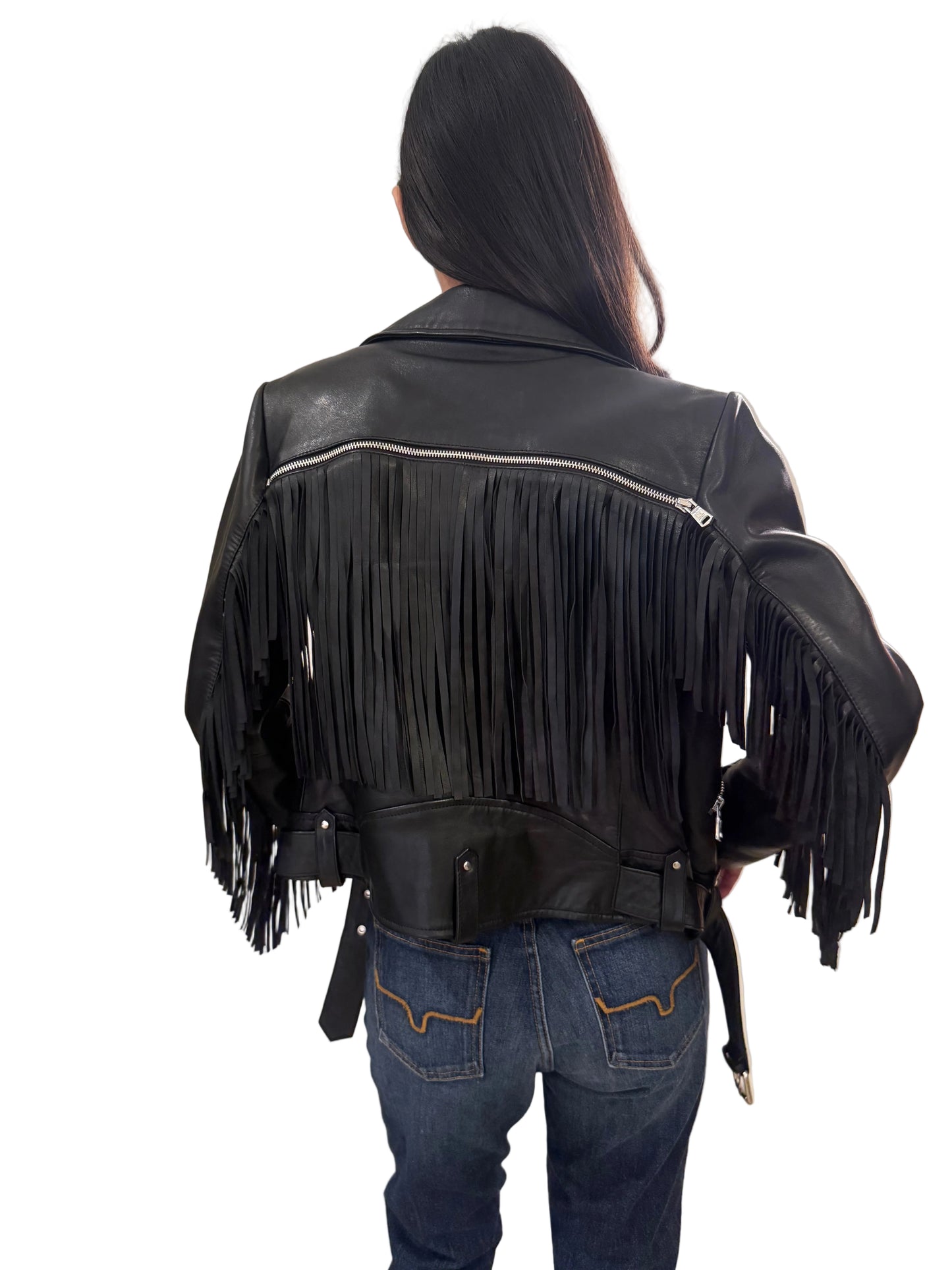 Malika Kate Black Moto Fringe Leather Jacket Size S