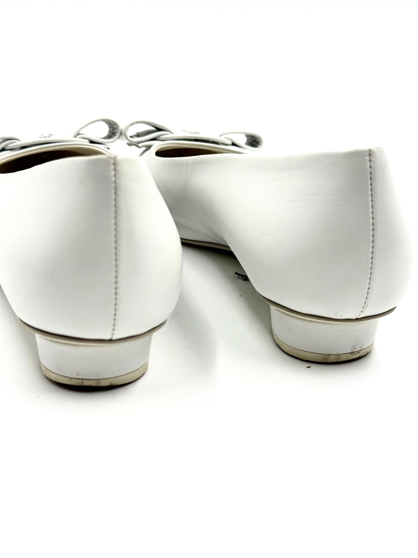 Salvatore Ferragamo White Viva Pointer Toe Ballerina Bow Flats Size 9.5
