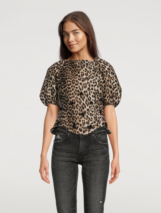Brand New Ganni Leopard Jacquard Open Back Blouse Size 10
