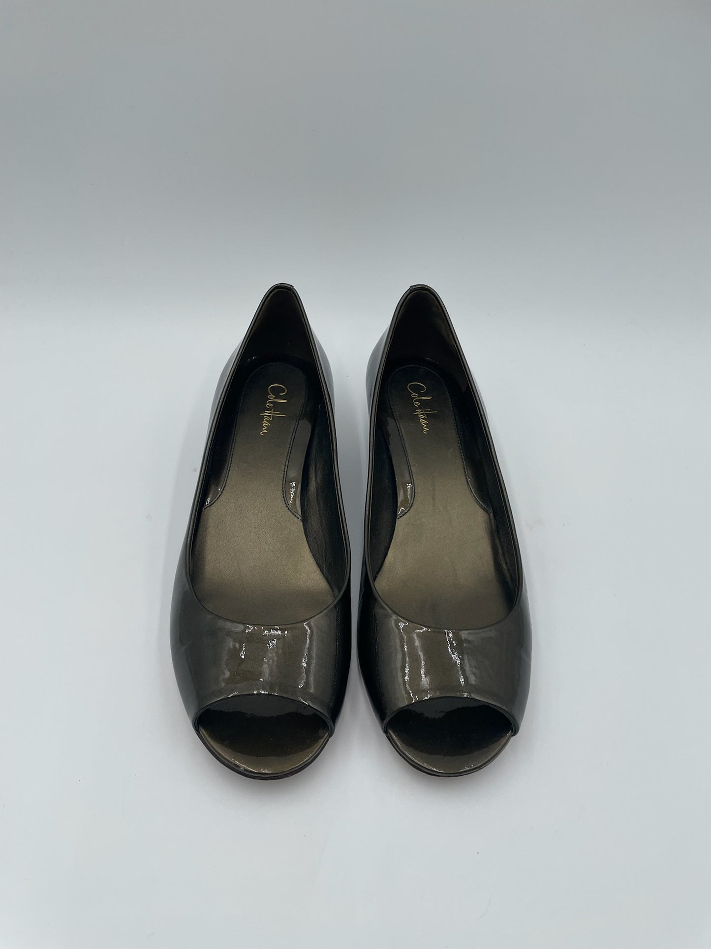 Stuart Weitzmann Grey Patent Open Toe Wedge Pump Size 8B
