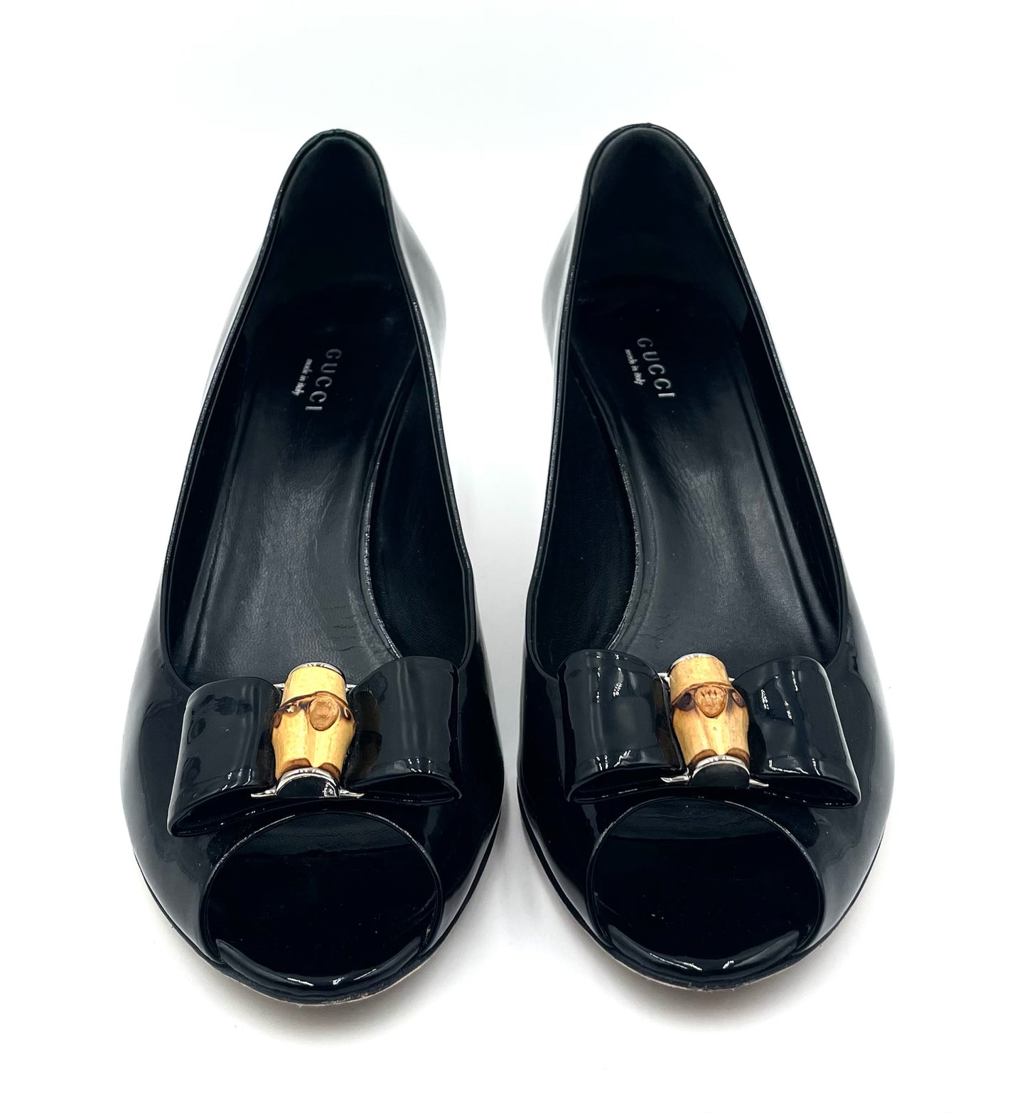 Gucci Black Patent Open Toe Kitten Heel Pump Size 38