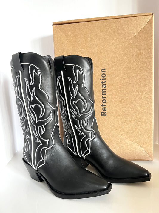 Brand New Reformation Olive Black Mid Calf Leather Cowboy Boots Size 8.5