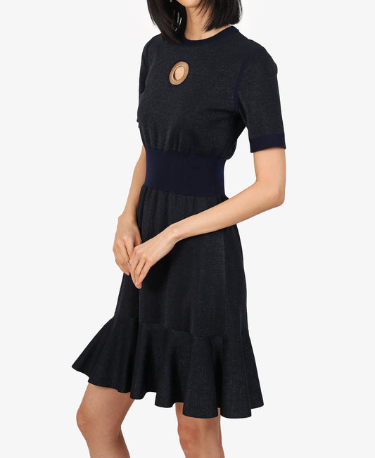 Louis Vuitton Navy Metallic Wool Keyhole Dress Size S