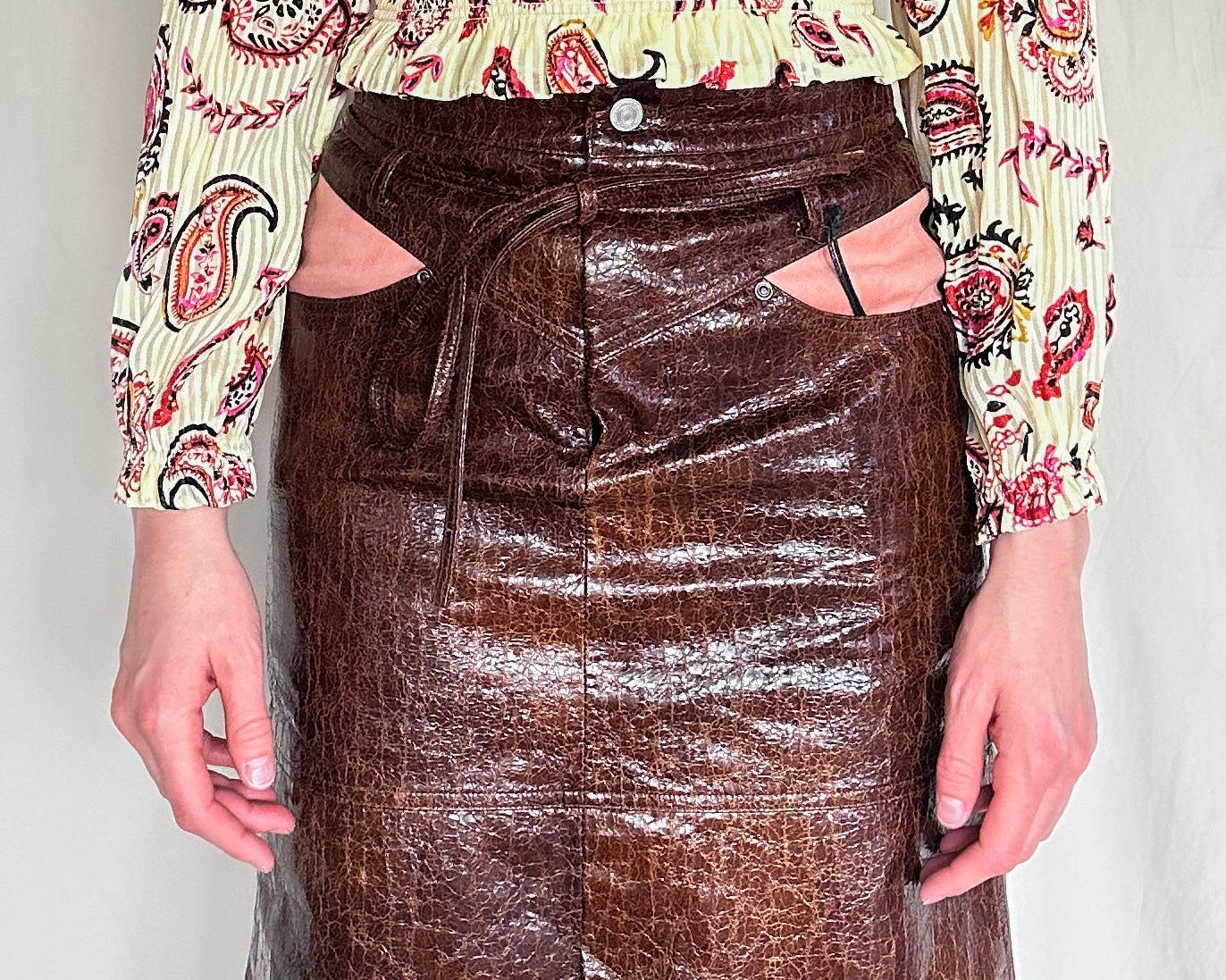 Brand New Andersson Bell Amira Brown Faux Leather Skirt Size 6