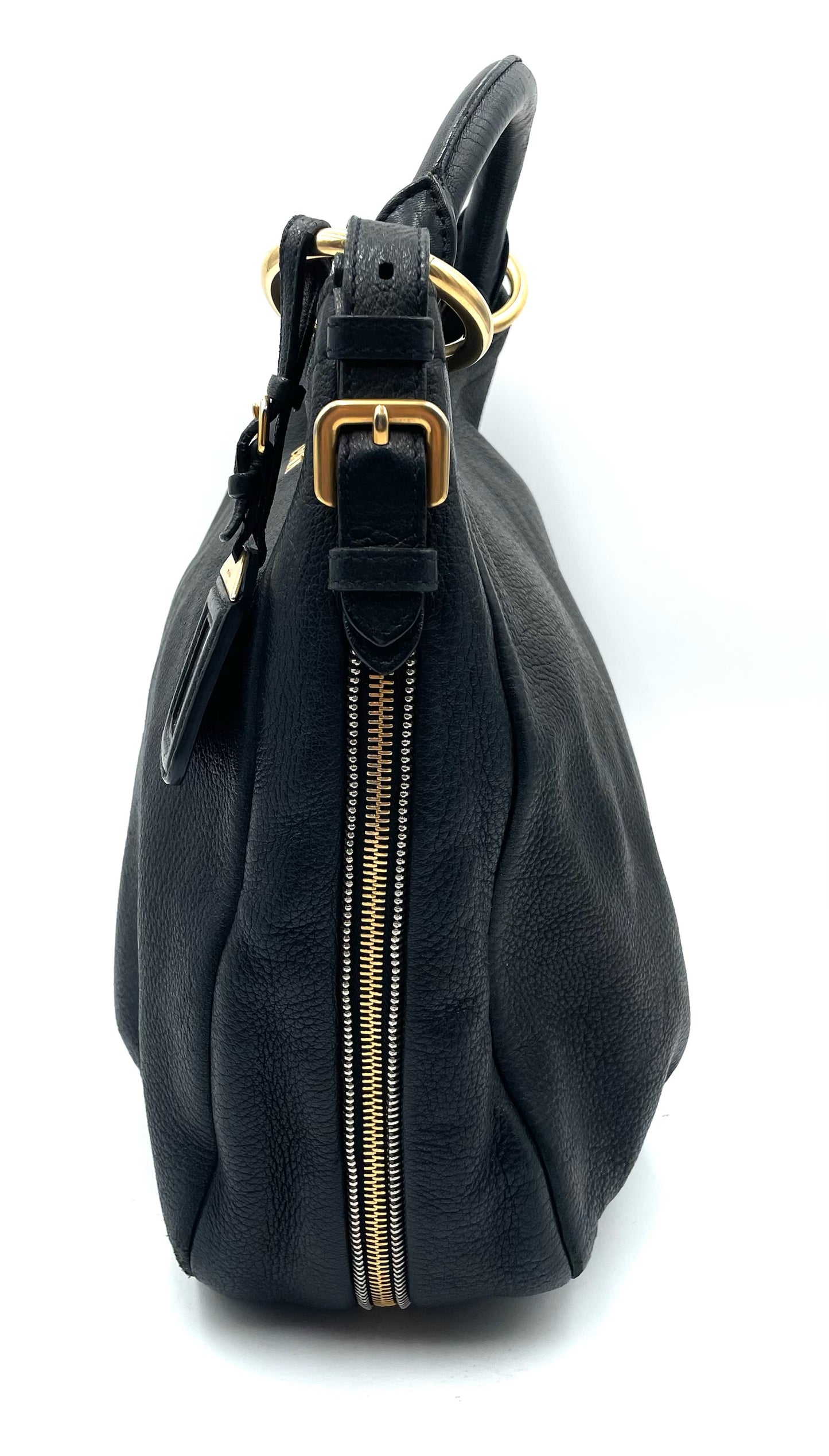 Prada Black Leather Vitello Daino Zip Hobo Bag