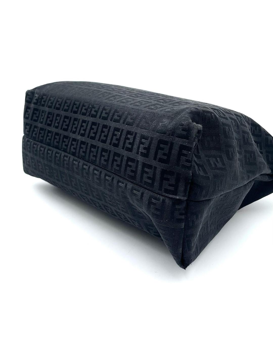Vintage Fendi black Zucca monogram canvas shoulder tote bag with a structured rectangular base.