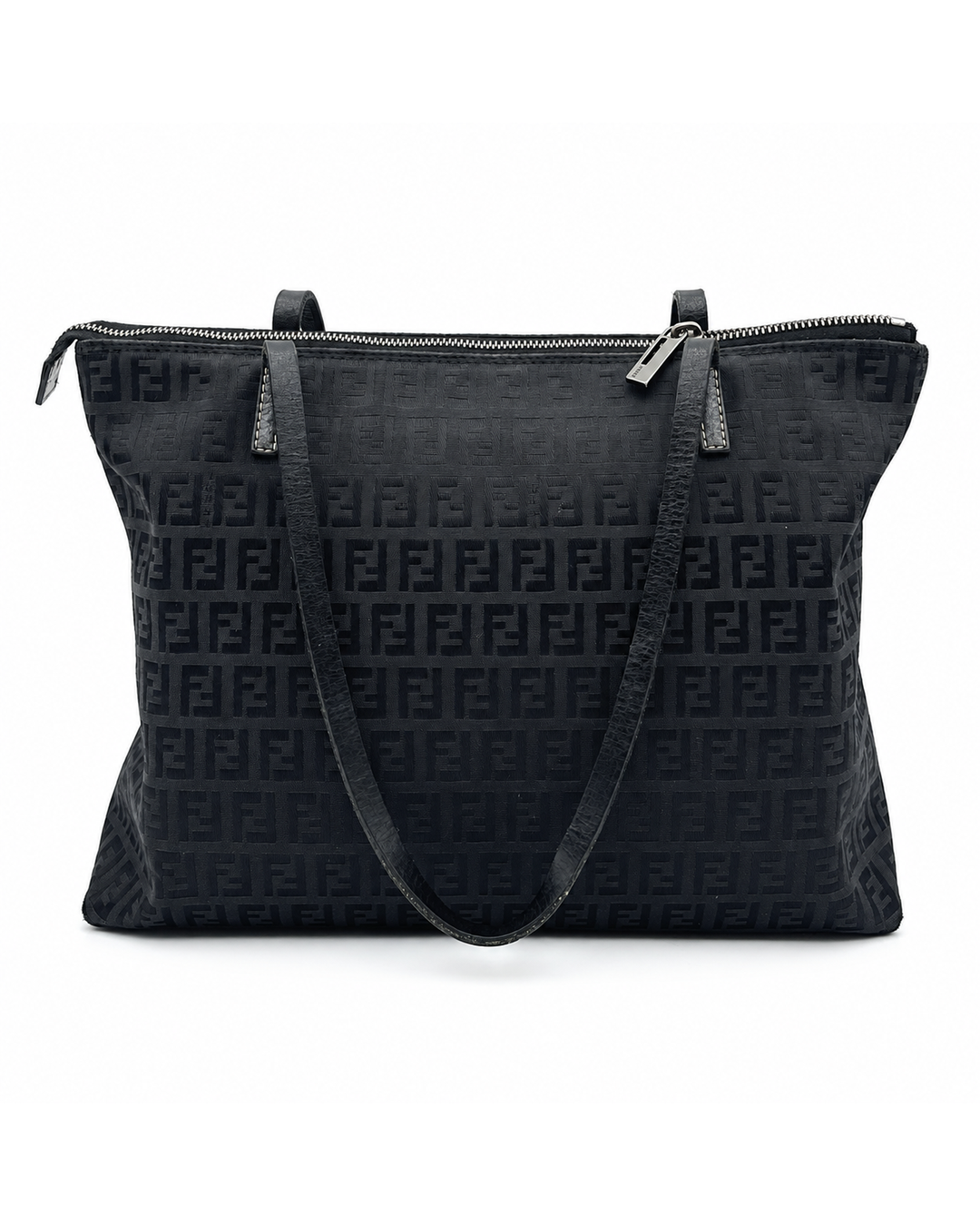Fendi black Zucca monogram shoulder tote with top zip closure and leather shoulder straps on a white background.