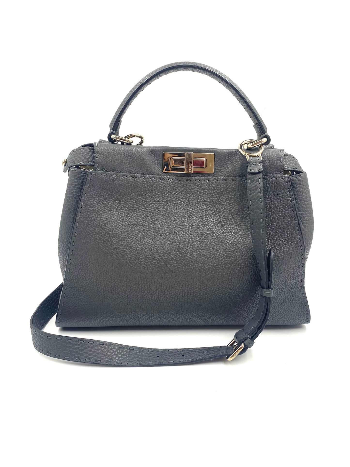 Fendi Grey Selleria Leather Peekaboo Shoulder Bag with top handle, detachable strap, and silver-tone hardware.