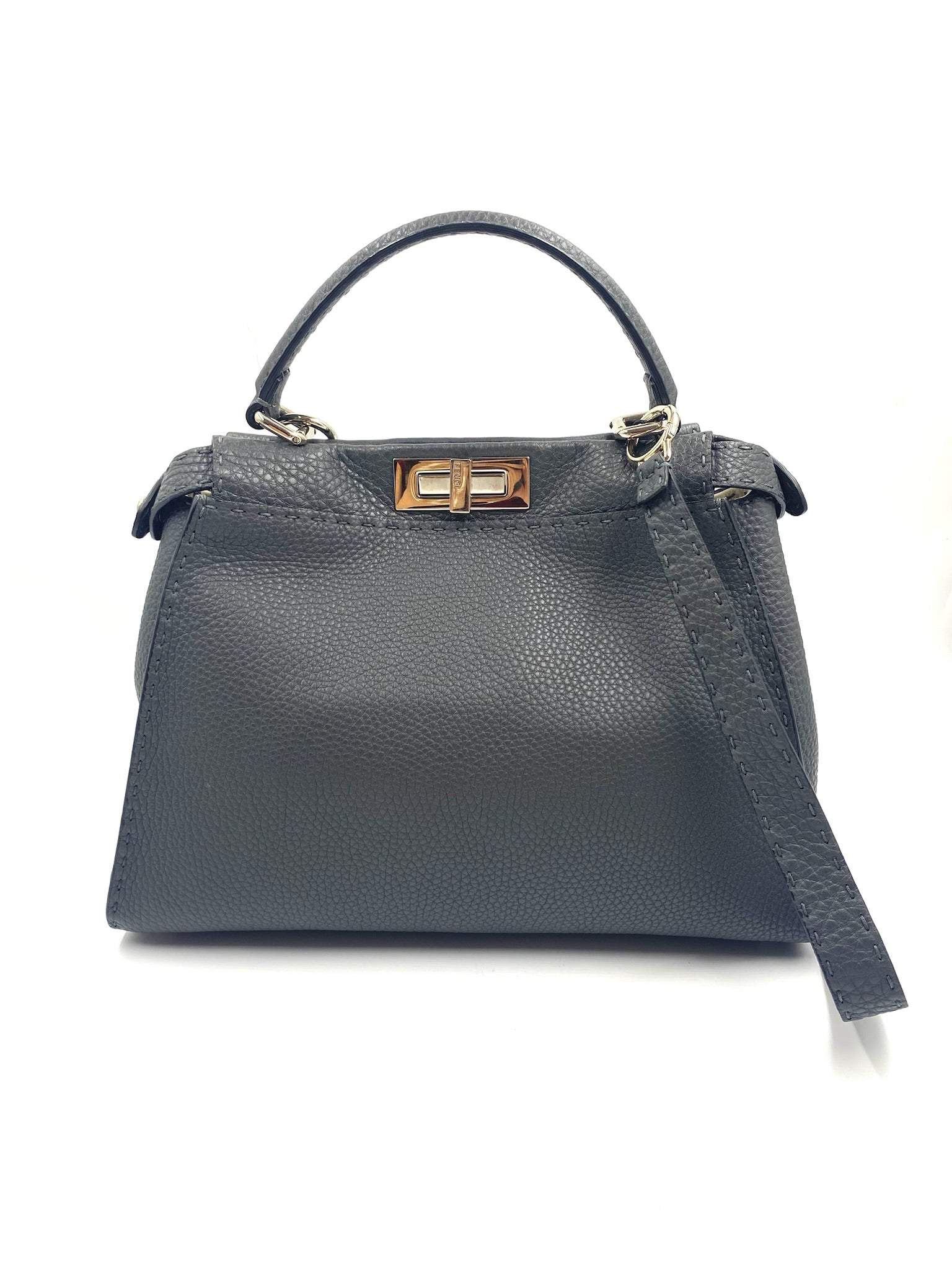 Fendi Grey Selleria Leather Peekaboo Shoulder Bag with top handle, detachable strap, and gold-tone turnstile lock.