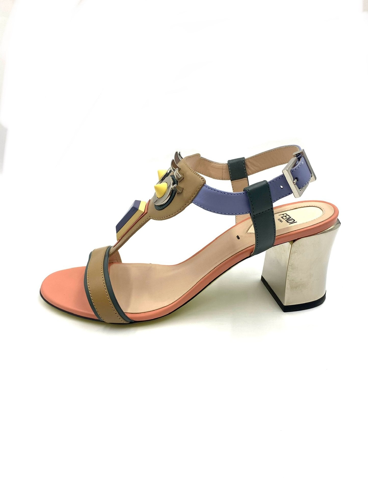 Fendi Multicolor Monster Face Sandals size 38.5 with silver block heel and ankle strap.