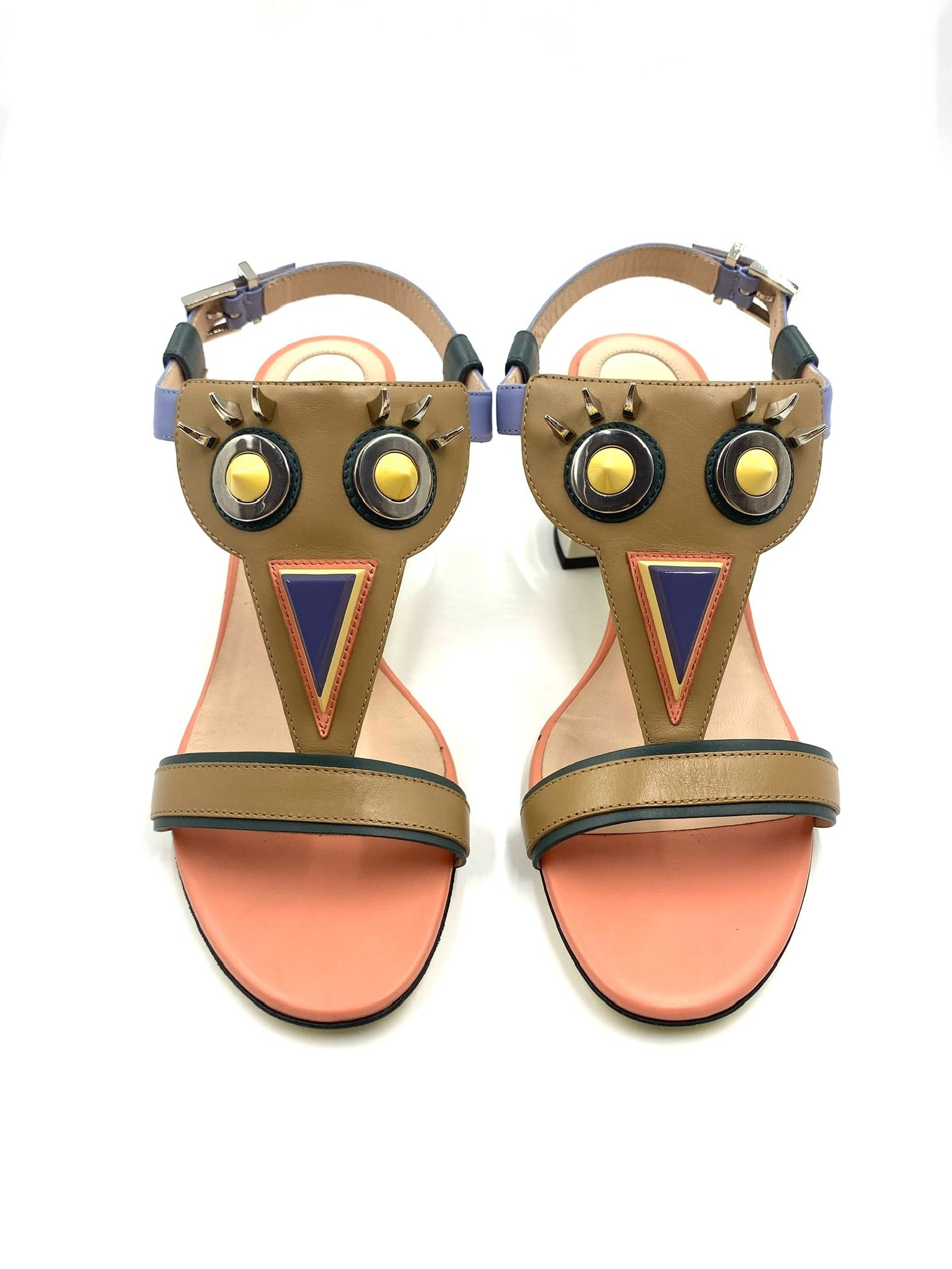 Fendi Multicolor Monster Face Sandals Size 38.5 with silver block heel and playful studded details.