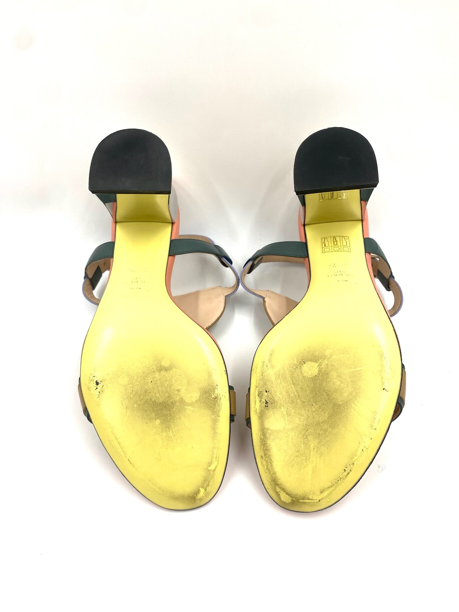 Fendi Multicolor Monster Face Sandals, size 38.5, with yellow soles and black block heels.