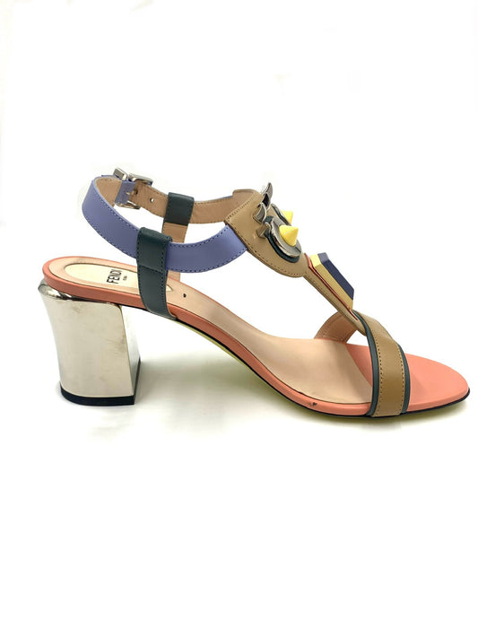 Fendi Multicolor Monster Face Sandals Size 38.5 with silver block heel and playful monster face detail.